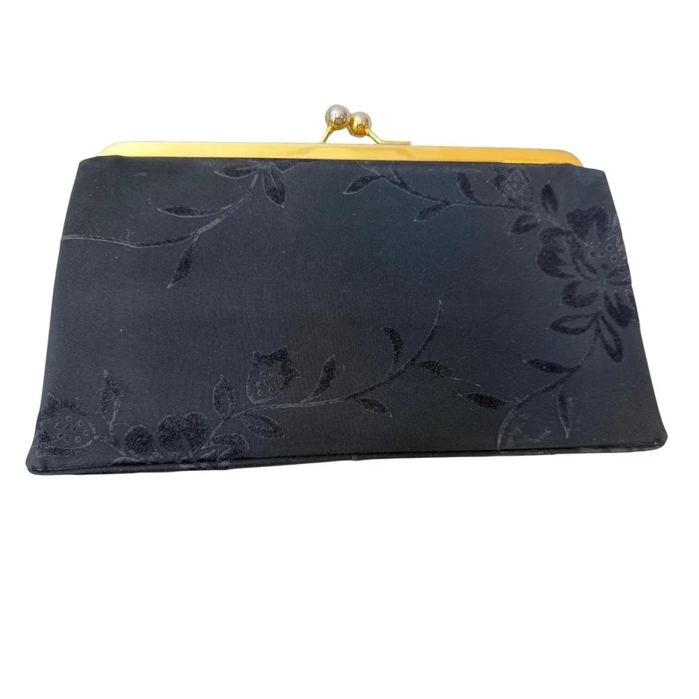 Vintage Evening Clutch Bundle Black Floral Velvet & Gold Metallic Kiss Lock Bag